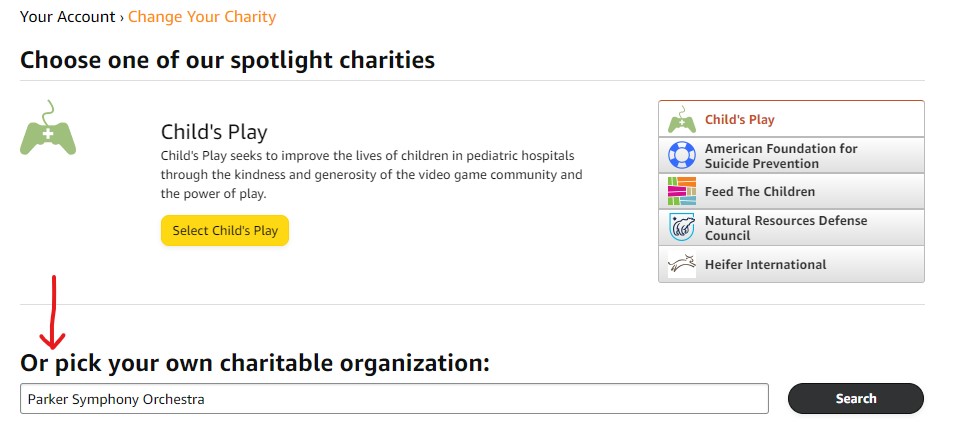 Amazon Smile Search For Charity Screenshot
